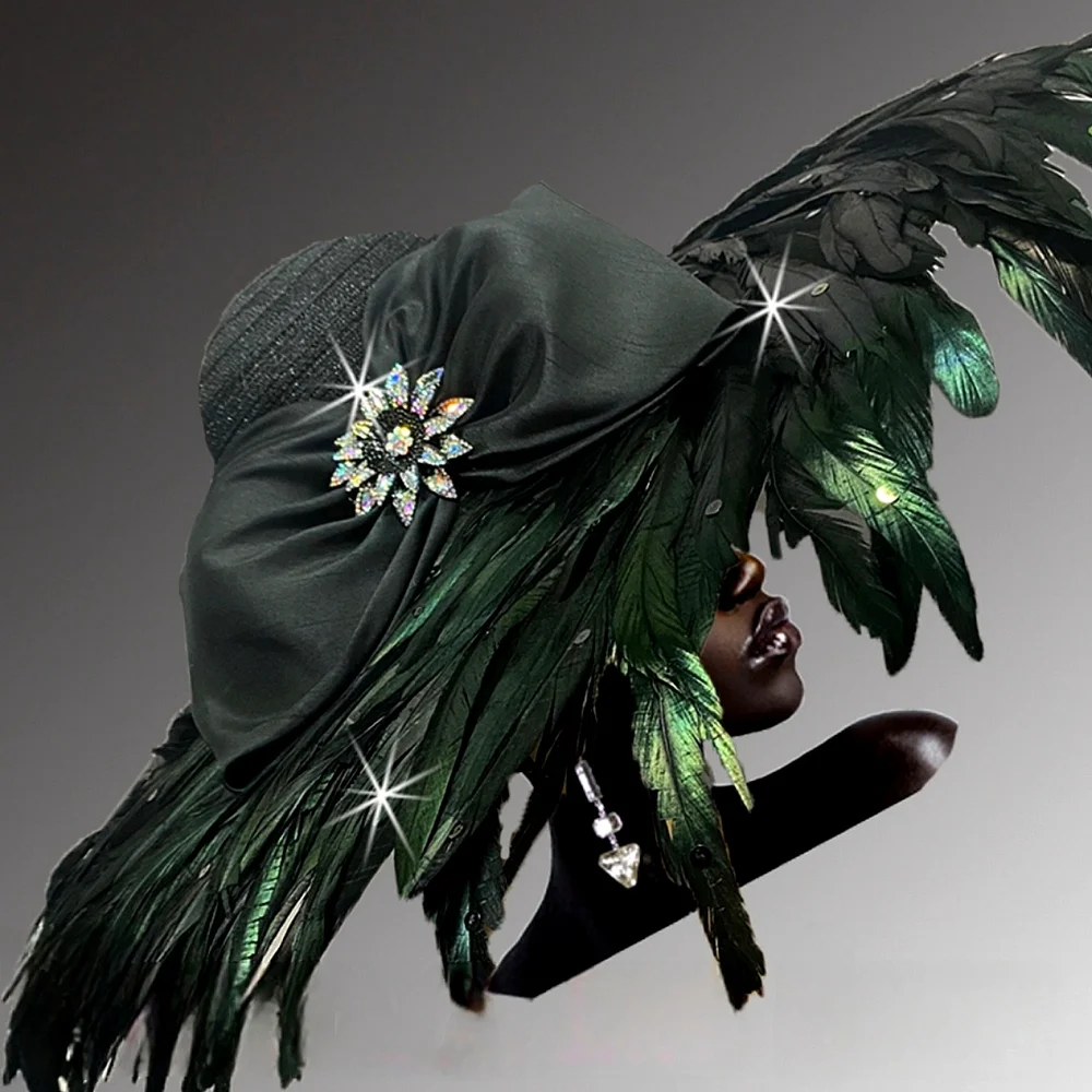 Beloved Millinery Opulent Black Couture Feathered Jeweled Wide Winter Hat